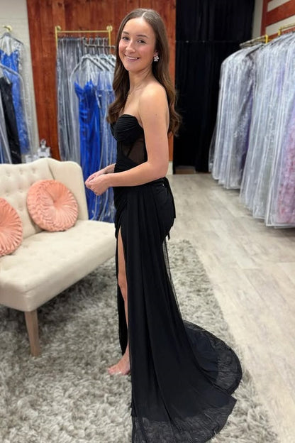 Black Chiffon Strapless Empire Party Prom Dress With Slit