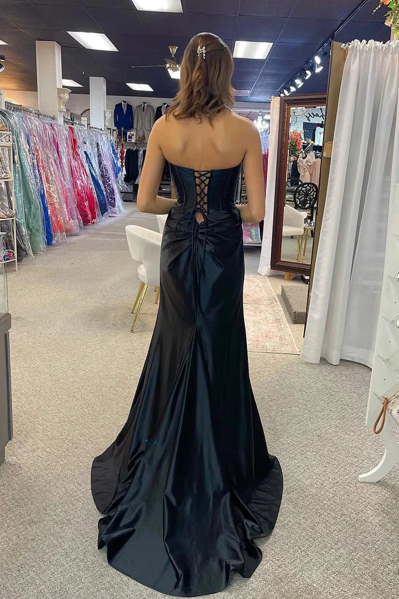 Black Empire Ruched Strapless Long Party Prom Dress