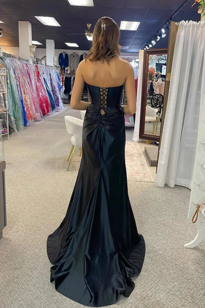 Black Empire Ruched Strapless Long Party Prom Dress