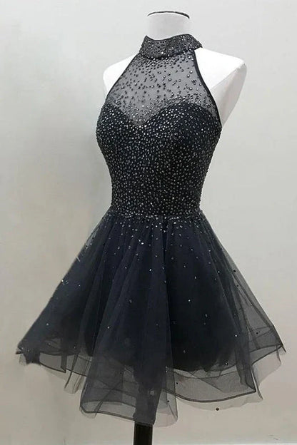 Black High Neck Sleeveless Tulle A-Line Empire Short Party Homecoming Dress