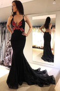 Black Lace Mermaid Backless Spaghetti Straps Prom Dresses, Evening Dress