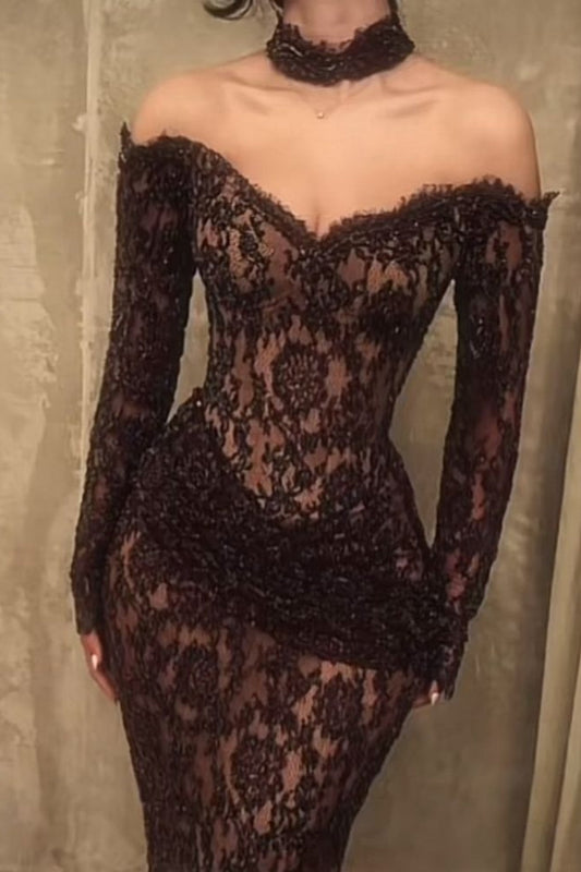 girlhomeshops-Black Lace Sexy Long Prom Dress gh6226