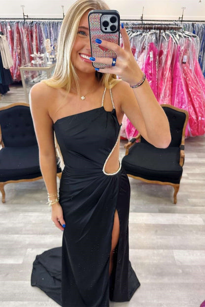 Black One Shoulder Sleeveless Mermaid Party Prom Dress With Slit