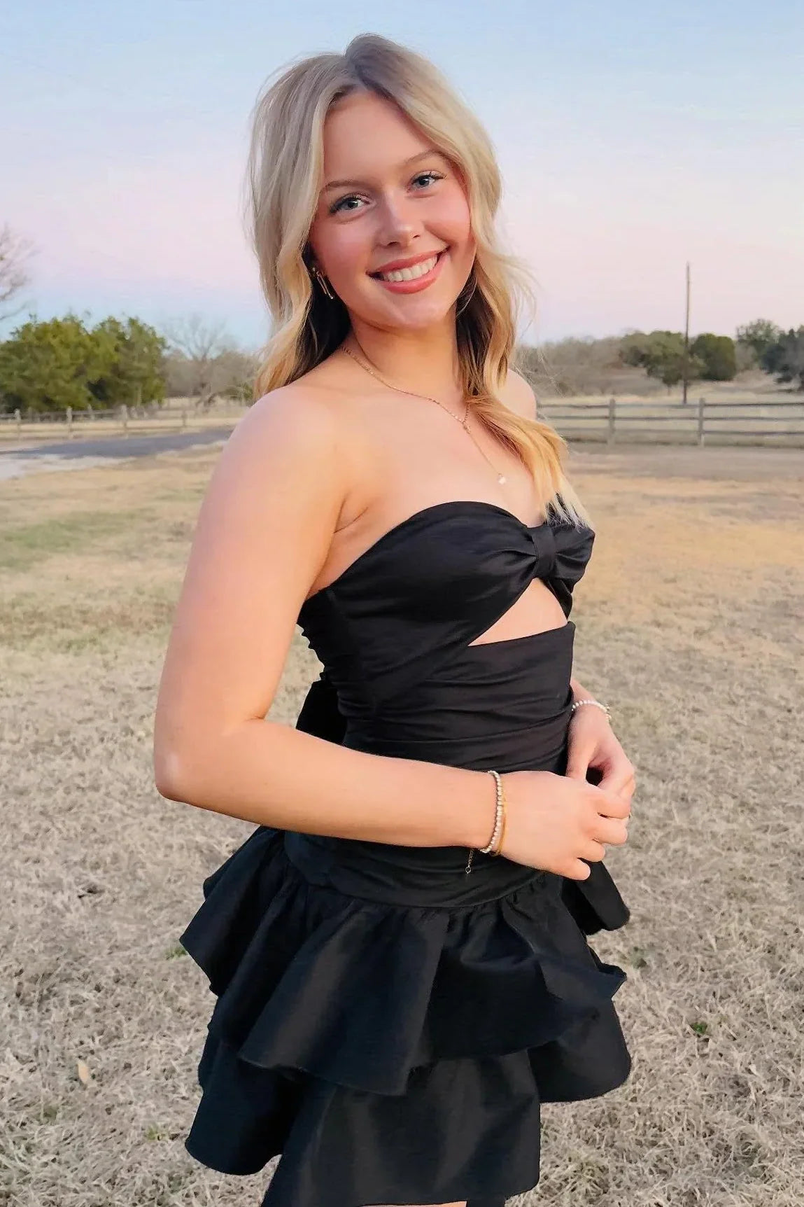 Black Satin A-Line Empire Tiered Mini Party Homecoming Dress