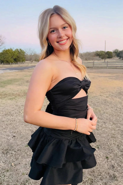 Black Satin A-Line Empire Tiered Mini Party Homecoming Dress