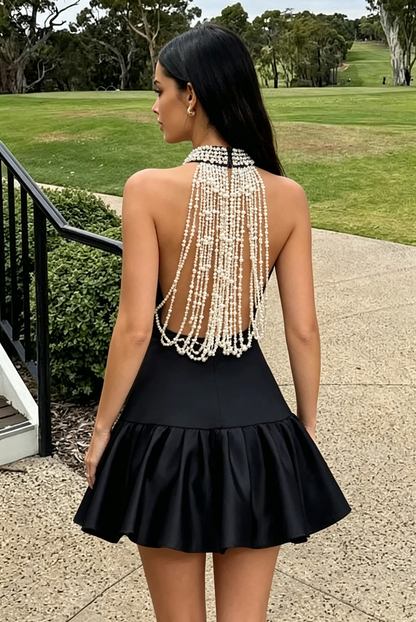 Black Satin A-Line High Neck Pearl Mini Party Homecoming Dress
