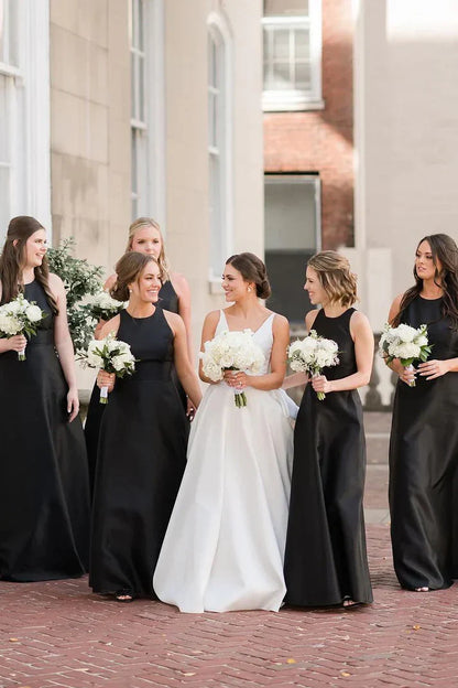 Black Satin A-Line Round Sleeveless Bridesmaid Dress