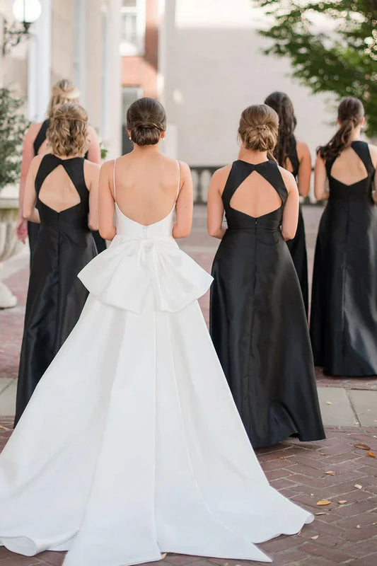 Black Satin A-Line Round Sleeveless Bridesmaid Dress