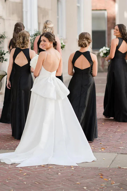 Black Satin A-Line Round Sleeveless Bridesmaid Dress