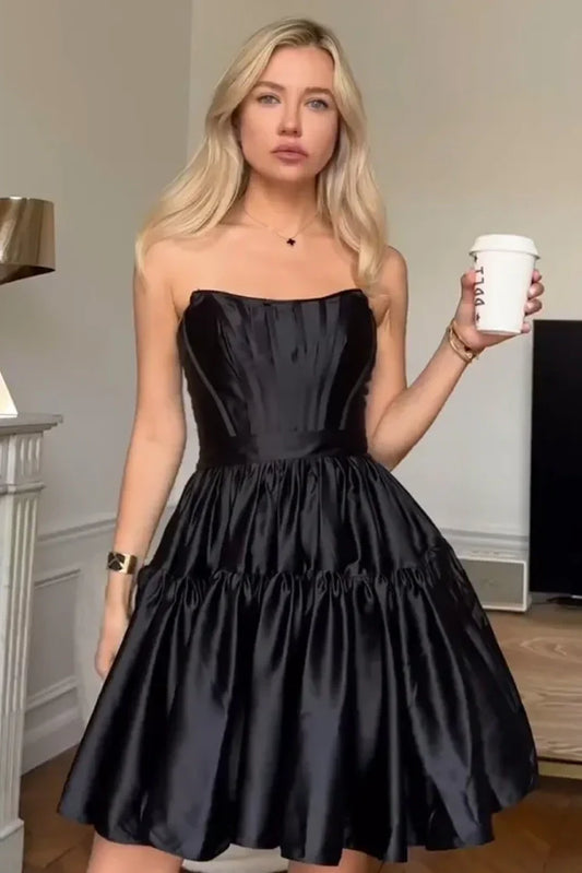 Black Satin Bateau Strapless A-Line Short Homecoming Dress