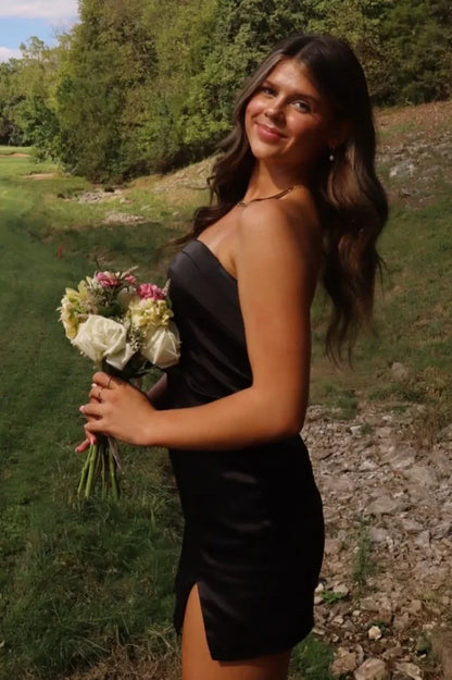 Black Satin Sheath Strapless Mini Party Homecoming Dress
