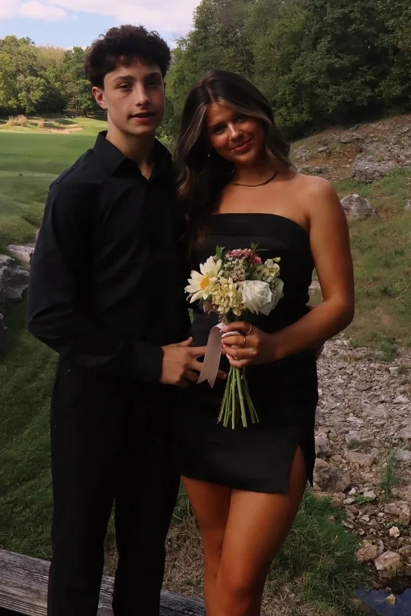 Black Satin Sheath Strapless Mini Party Homecoming Dress