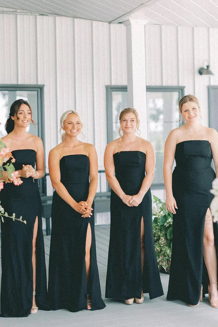 Black Satin Strapless A-Line Bridesmaid Dress With Slit