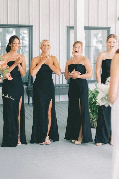 Black Satin Strapless A-Line Bridesmaid Dress With Slit