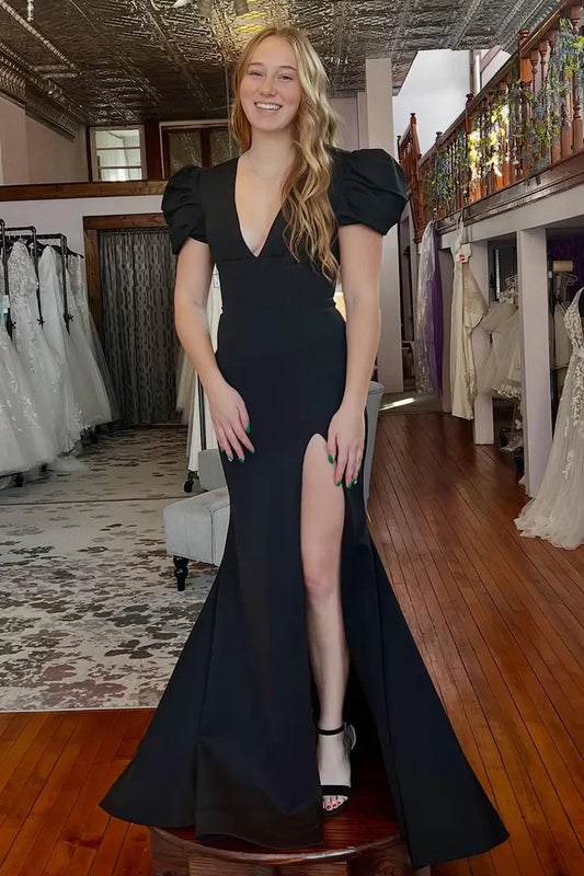 Black Satin V-Neck Short Sleeves Party Prom Dress With Leg Slit