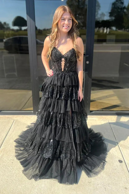 Black Sparkly Lace And Tulle A-Line Tiered Party Prom Dress