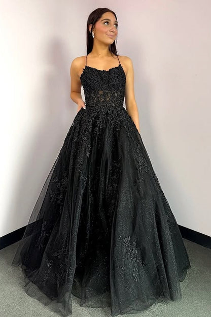 Black Sparkly Tulle A-Line Lace Appliques Long Prom Dress