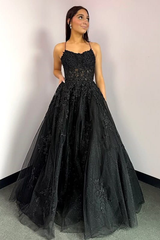 Black Sparkly Tulle A-Line Lace Appliques Long Prom Dress