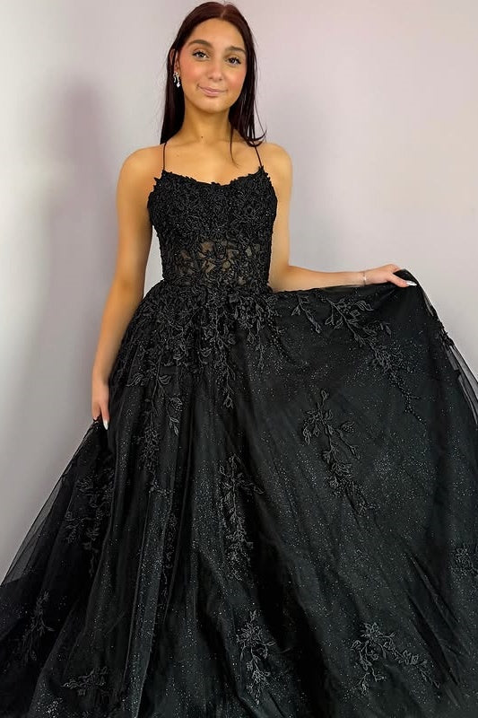 Black Sparkly Tulle A-Line Lace Appliques Long Prom Dress