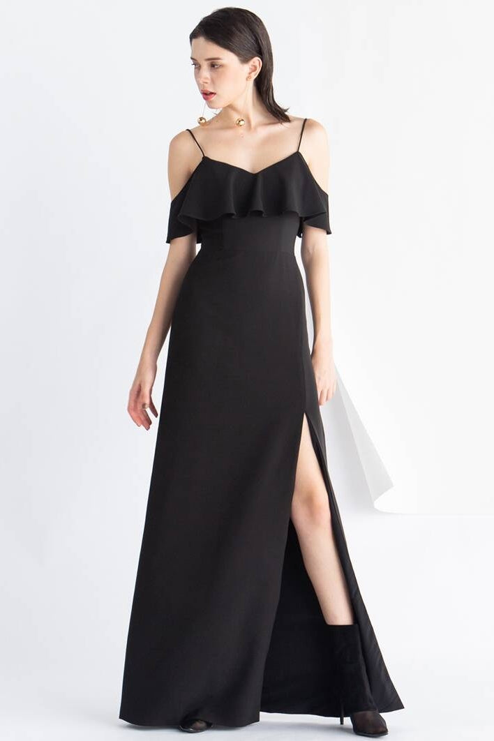 Black V-Neck Ruffle A-Line Satin Party Prom Dress With Slit