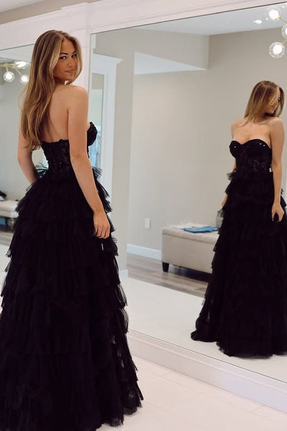 Black Sweetheart Strapless Tulle A-Line Tiered Party Prom Dress