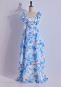 Blue Floral Flutter Sleeves A-line Formal Dress,Long Prom Dresses Unique