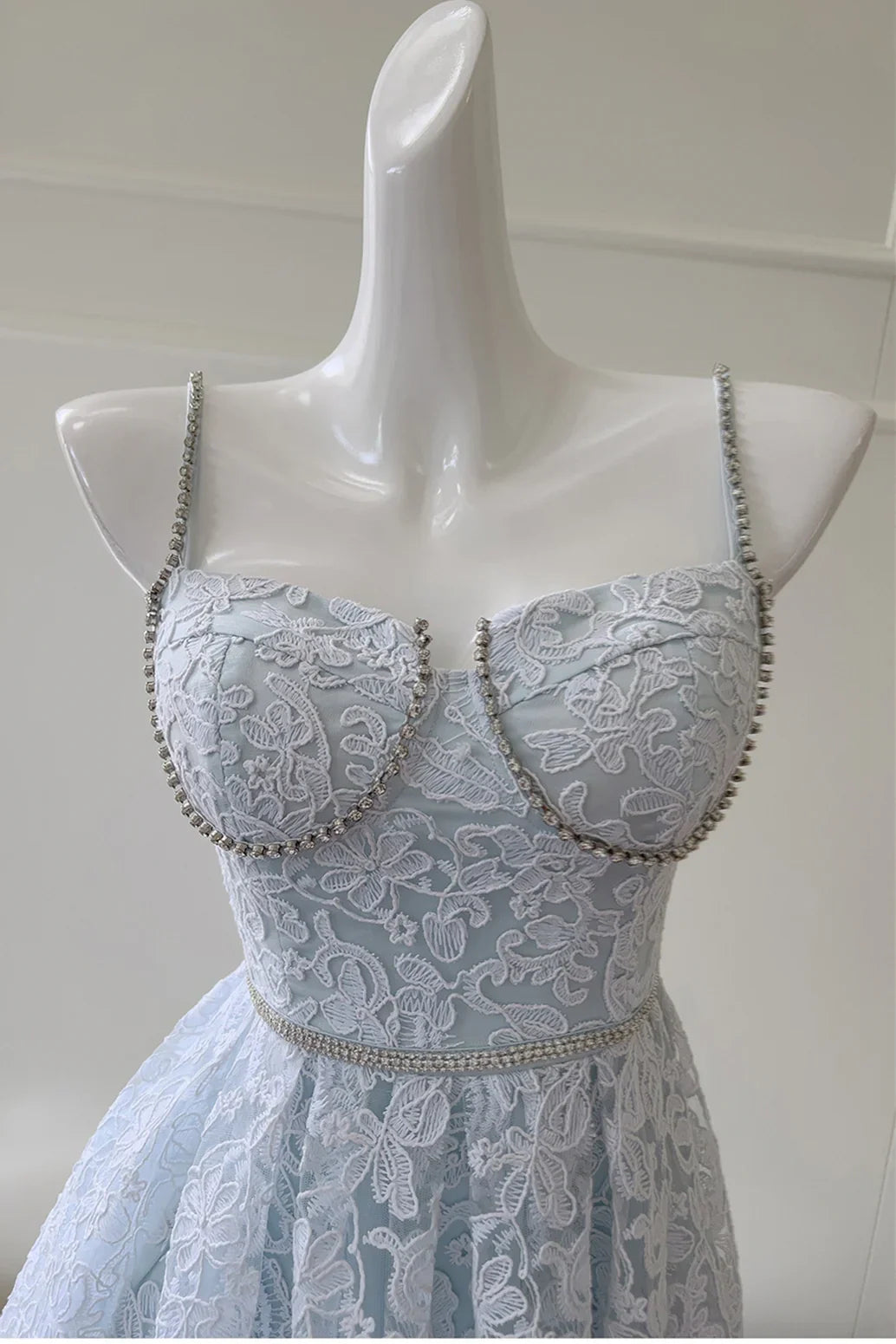 Blue Lace A-Line Beaded Straps Empire Short Homecoming Dress