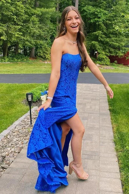 Blue Lace Strapless Empire Mermaid Party Prom Dress With Slit
