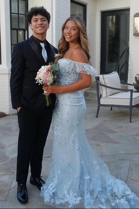 Blue Lace Floral Mermaid Off-Shoulder Party Prom Gown