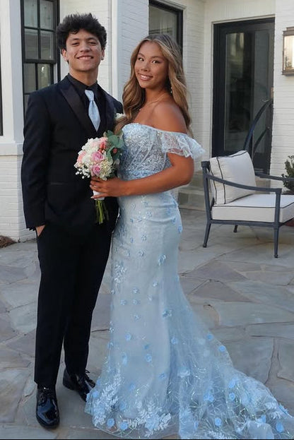 Blue Lace Floral Mermaid Off-Shoulder Party Prom Gown