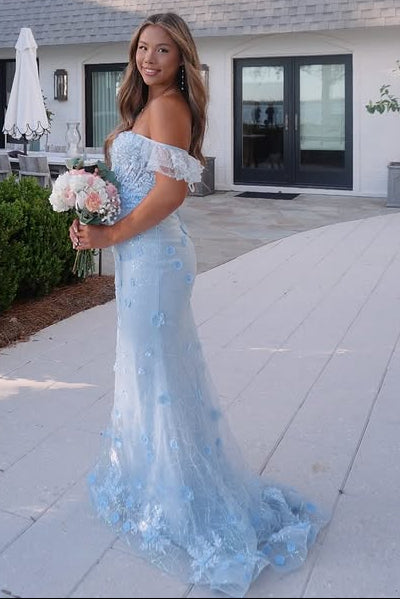 Blue Lace Floral Mermaid Off-Shoulder Party Prom Gown
