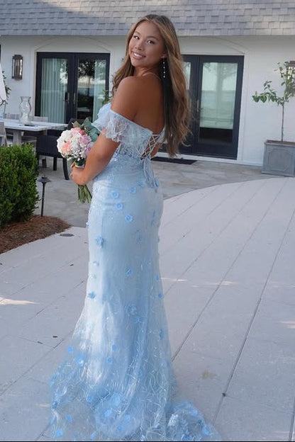 Blue Lace Floral Mermaid Off-Shoulder Party Prom Gown