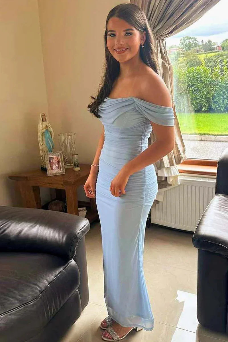 Bateau Off-Shoulder Fitted Pleated Party Prom Dress