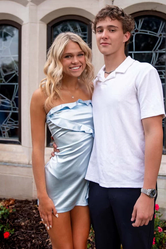 Blue Satin Sheath Ruffle Strapless Mini Party Homecoming Dress