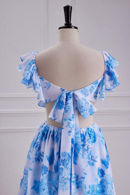 Blue Floral Flutter Sleeves A-line Layers Bow Tie Long Bridesmaid Dress