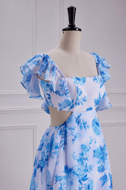 Blue Floral Flutter Sleeves A-line Layers Bow Tie Long Bridesmaid Dress