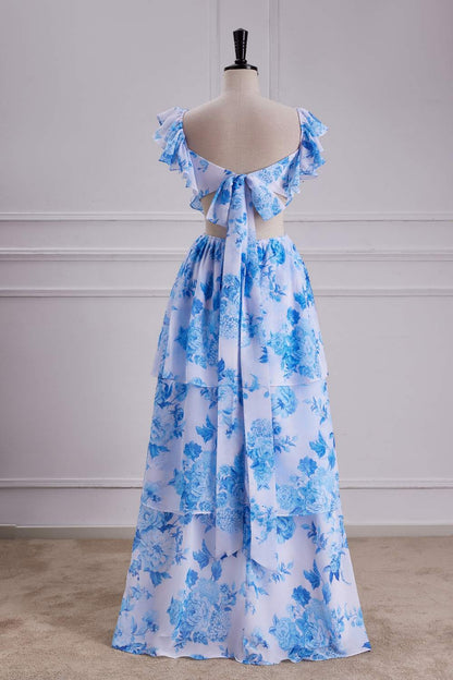 Blue Floral Flutter Sleeves A-line Layers Bow Tie Long Bridesmaid Dress