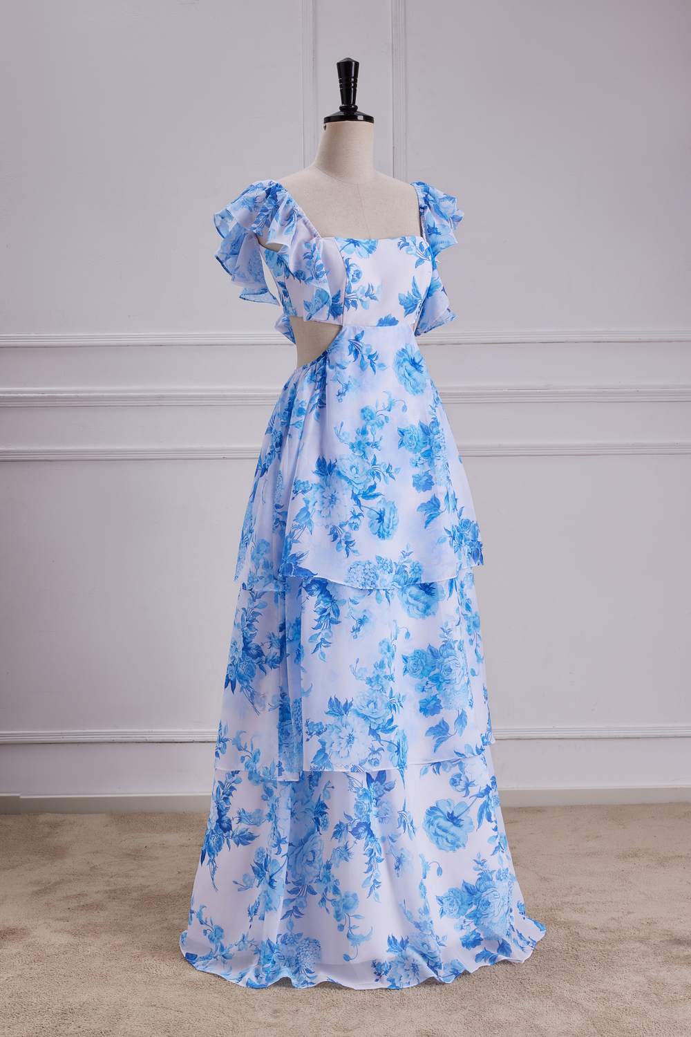 Blue Floral Flutter Sleeves A-line Layers Bow Tie Long Bridesmaid Dress