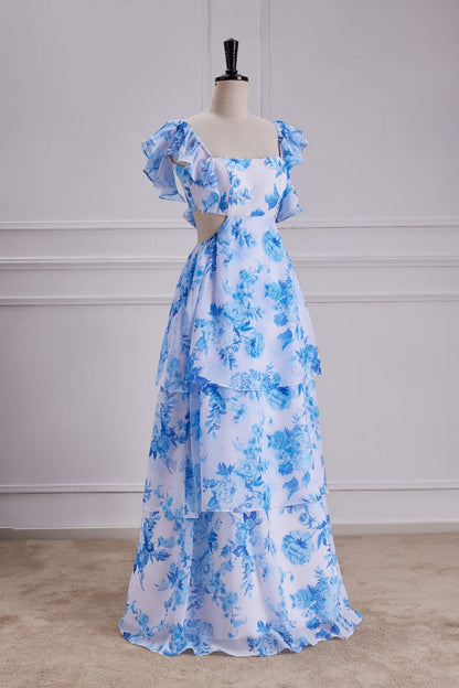 Blue Floral Flutter Sleeves A-line Layers Bow Tie Long Bridesmaid Dress