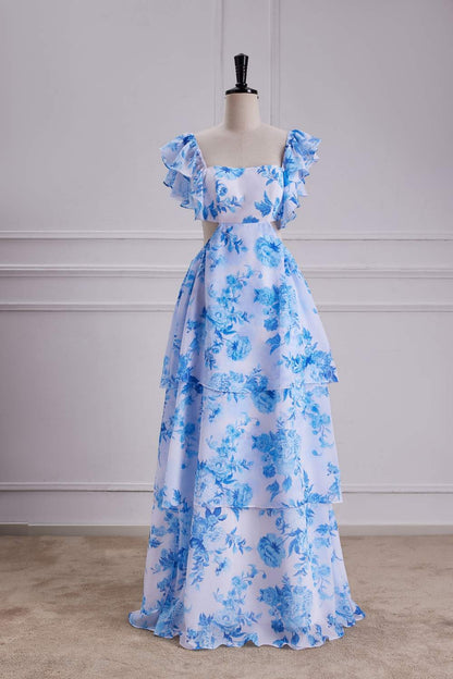 Blue Floral Flutter Sleeves A-line Layers Bow Tie Long Bridesmaid Dress