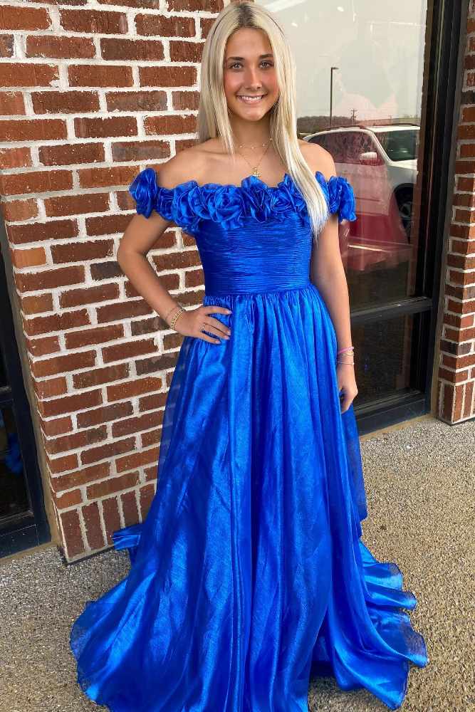 Fuchsia Off the Shoulder 3D Floral A-Line Long Prom Dress