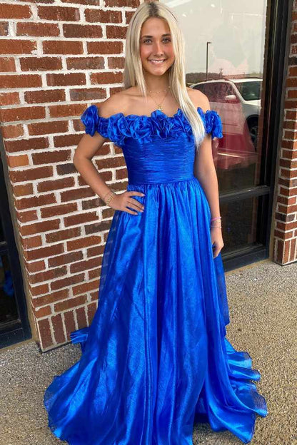 Fuchsia Off the Shoulder 3D Floral A-Line Long Prom Dress