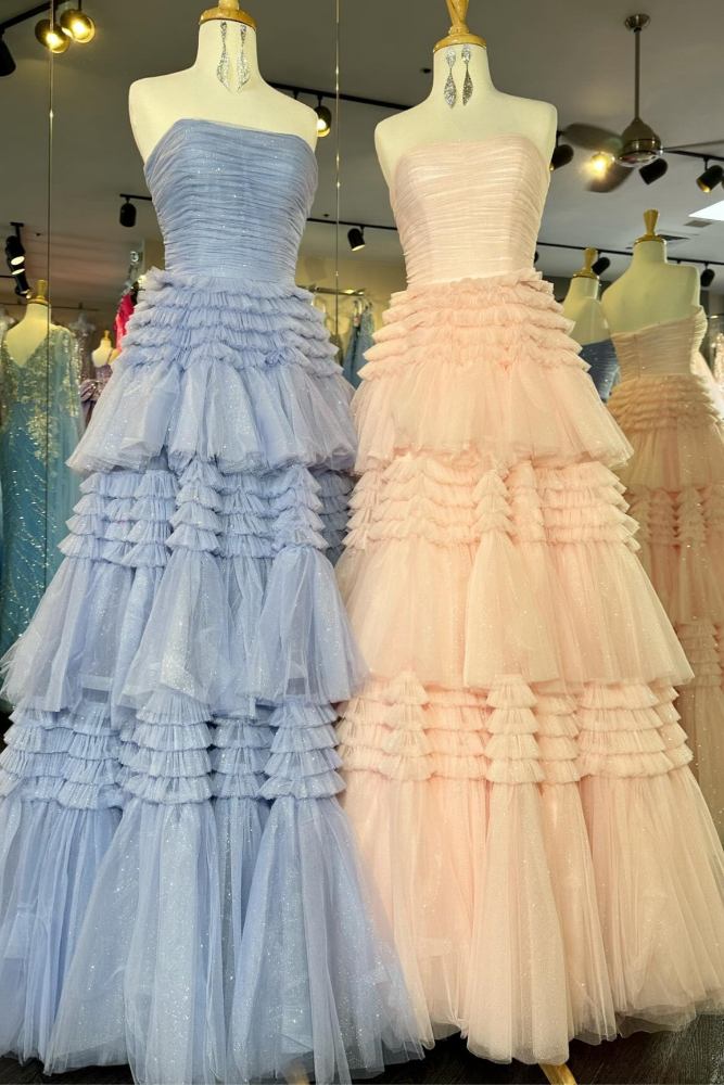 Dark Navy Strapless Layers A-line Tulle Long Prom Dress