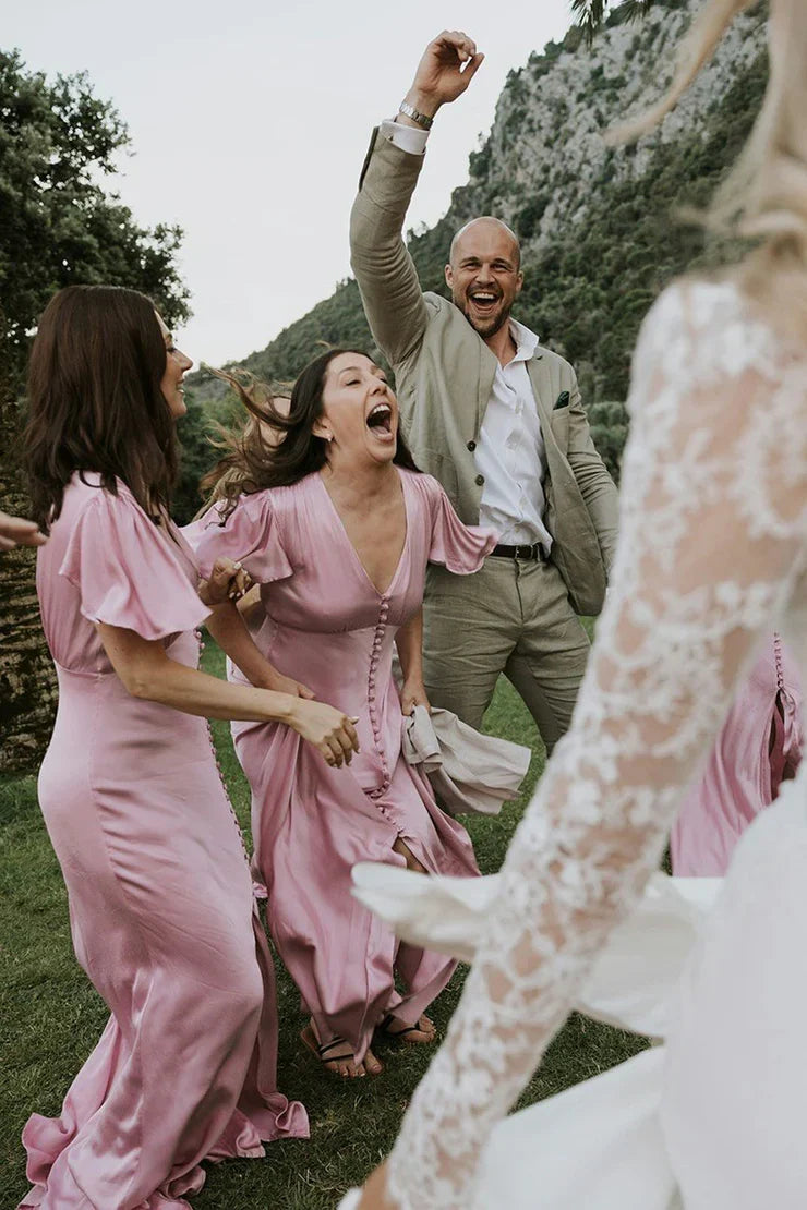 Blush Pink V-Neck Short Sleeves Long Bridesmaid Dress