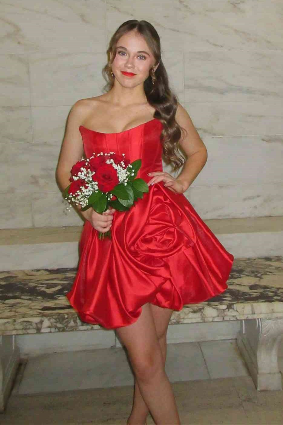Boat Strapless A-Line Satin Empire Floral Mini Homecoming Dress