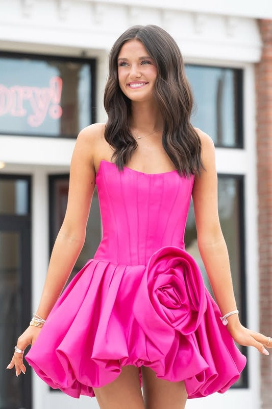 Boat Strapless A-Line Satin Empire Floral Mini Homecoming Dress