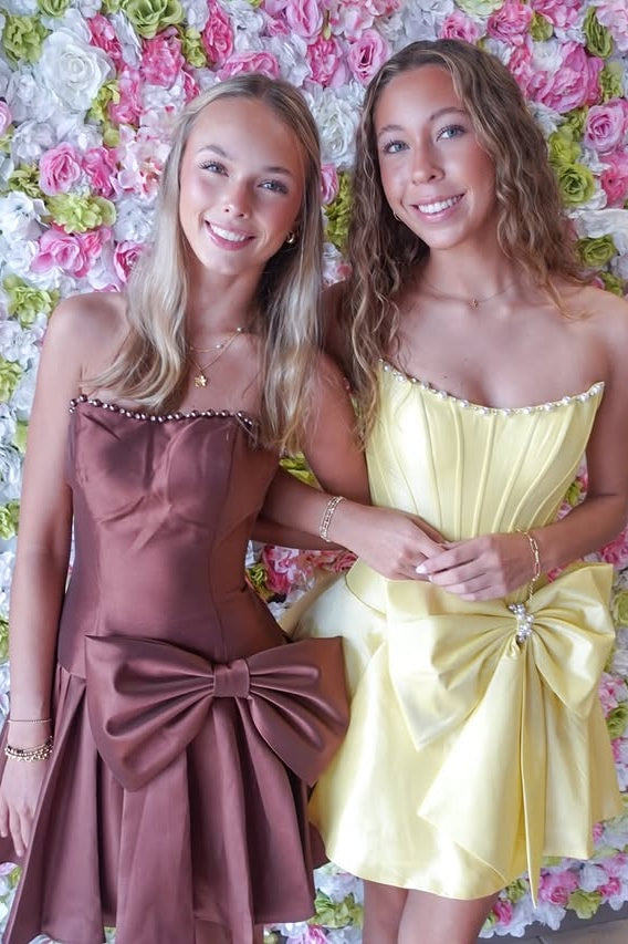 Boat Strapless Satin A-Line Empire Croset Short Homecoming Dress