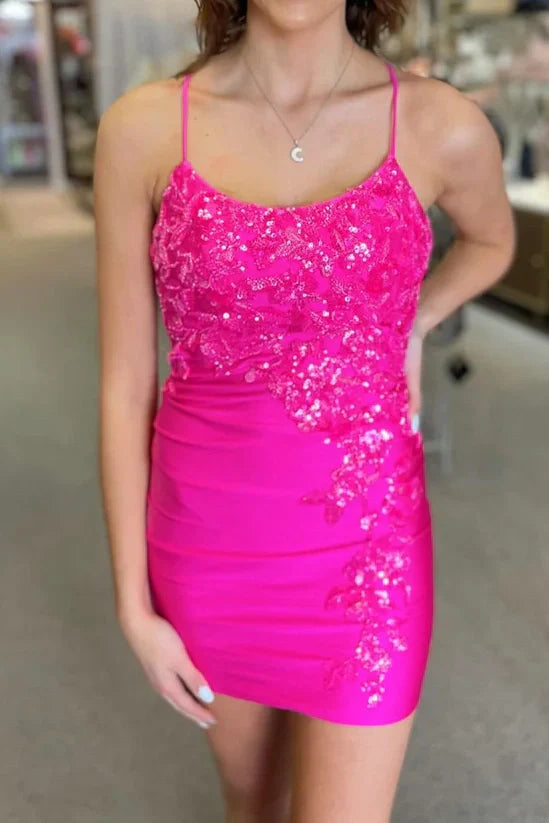 Bodycon Satin Lace Appliques Lace Up Homecoming Dress
