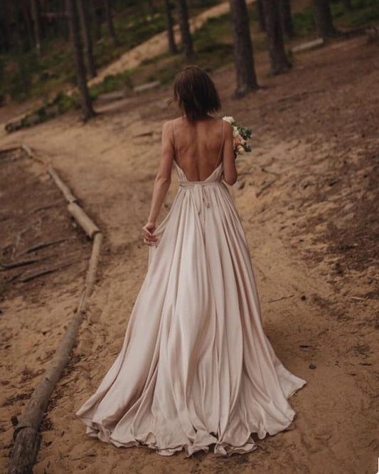 Simple Boho Wedding Dress Satin Open Back Formal Outfit