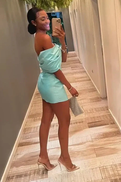 Bow Off-Shoulder Satin Fitted Empire Mini Party Homecoming Dress